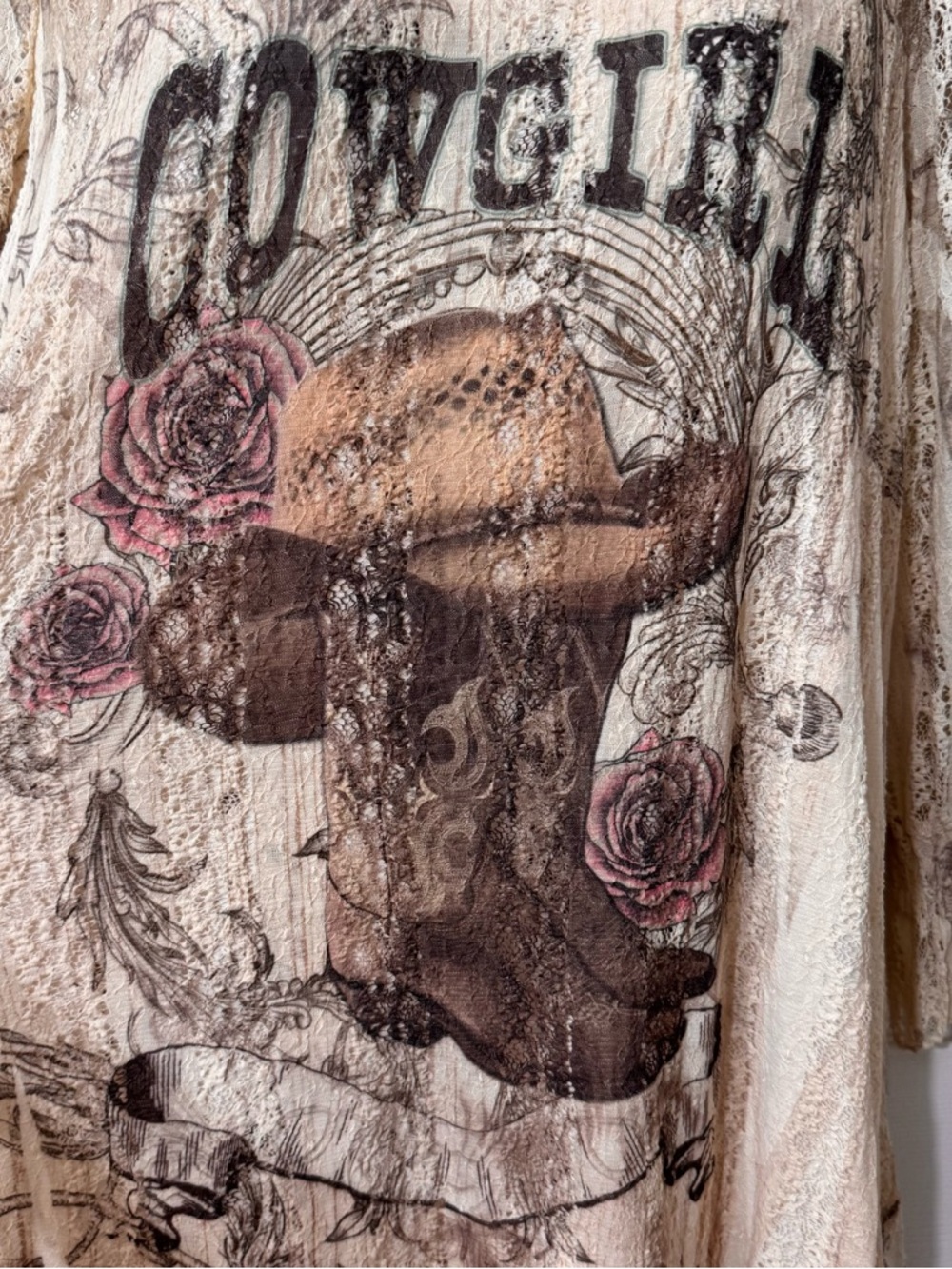 Origami Fashion Vivien Cowgirl Tunic Top with Embroidered Lace Hem Size XL Rodeo - Picture 3 of 13